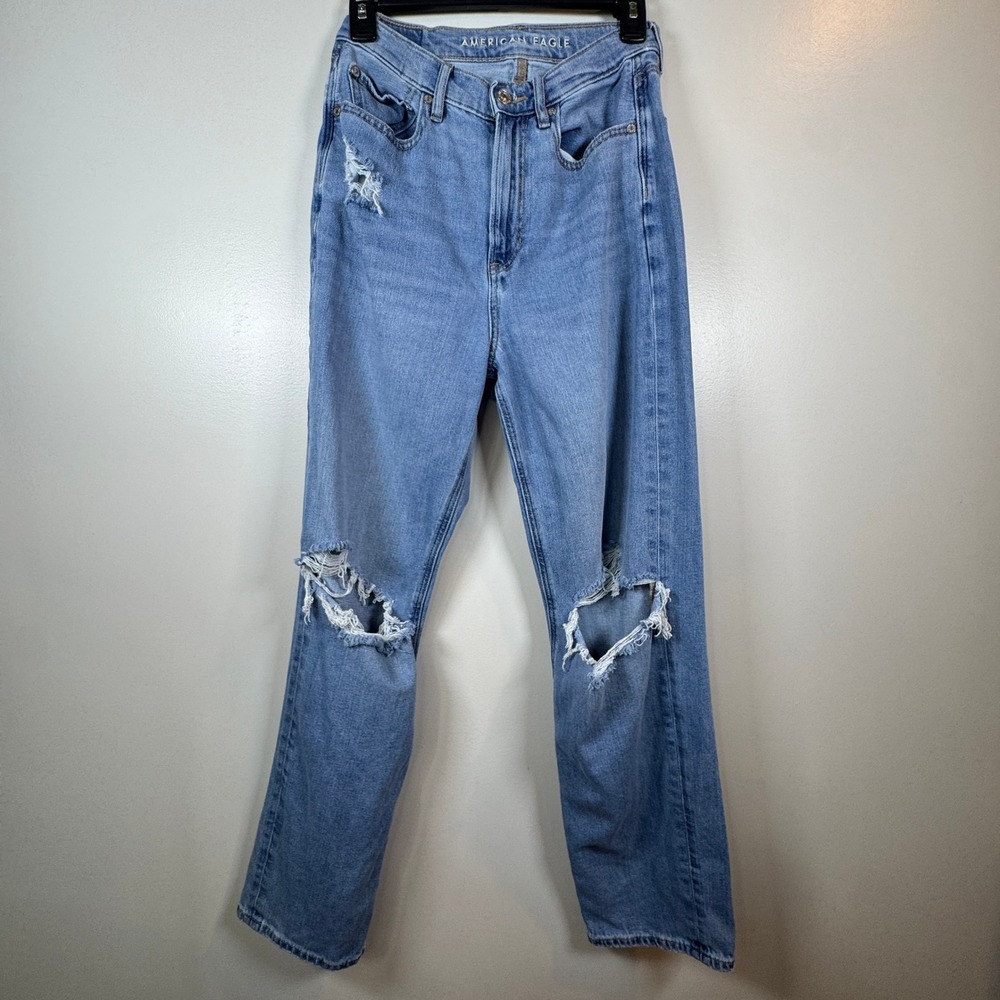 American Eagle 90s Baggy Straight High Rise Jeans 4‎ Short Distressed Cotton